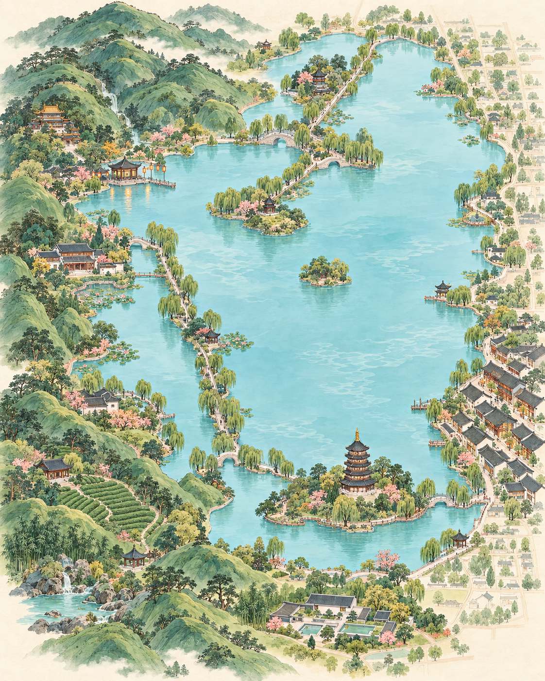 Hand-painted illustrated map of West Lake, its surrounding hills, pagodas, temples, tea fields, and historic streets